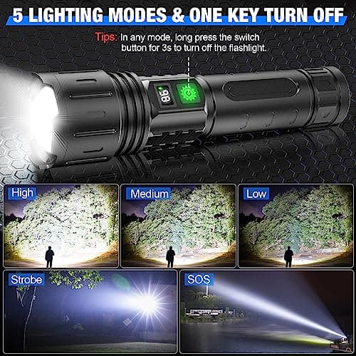LED Flashlights High Lumens Rechargeable, 100000 Lumens Super Bright Powerful Flashlight, Type-C, 5 Modes, Zoomable, IPX5 Waterproof High Powered Tactical Flash Light for Emergency Camping Hiking 6