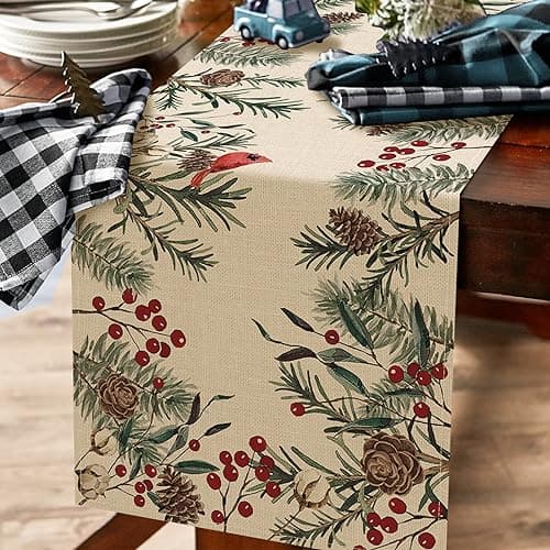 Seliem Winter Pine Needle Branches Table Runner, Pine Cone Cardinal Red Birds Berry Farmhouse Kitchen Dining Table Decor, Christmas Holiday Home Decoration Indoor Outdoor Party Supply 13 x 72 Inches 5