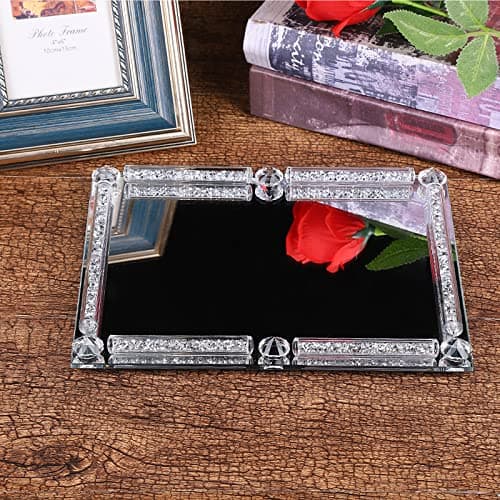 YCWF Mirror Perfume Tray for Dresser,Crushed Diamond Filled Glass Vanity Tray,Decorative Bathroom Tray,Crystal Tray for Home Decorative,Party,Hotel Banquet,11.8"x 7.9"x1.2",Silver 8