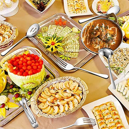 IAXSEE 6 PCS Stainless Steel Serving Utensils, Large Serving Spoons Slotted Spoons, Forks, Ice Suger Tongs, Cake Server, Soup Ladle, Metal Utensils Set Great for Buffet Catering Banquet Party, Silver 7