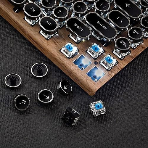Adventurers Typewriter-Style Retro Mechanical Keyboard LED Backlight 83 Keys Bluetooth 5.0 Blue Axis Wood Color Panel Compatible with iOS/Android/Windows/Vista/Linux/Mac Office/Gaming, 12.8x6.6x1.6in 6