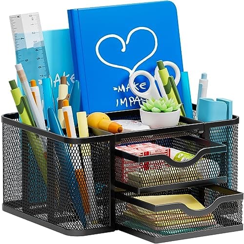 Marbrasse Mesh Desk Organizer, Pen Organizer with 2 Drawer, Multi-Functional Pencil Holder, Desk Organizers and Accessories with 5 Compartments + Drawer for Office Art Supplies (Black)