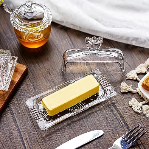 7'' Glass Butter Dish with Lid - Elegant Countertop Butter Container Holds,Clear Butter Keeper for Home Kitchen Decor,Dishwasher Safe 8