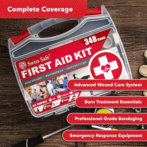 Swiss Safe 2-in-1 First Aid Kit for Car, Travel & Home, Businesses - Bonus Mini Kit for Medical Emergency Aid, Survival, Camping - FSA & HSA Eligible - 348 Pcs, Large Hardcase FAK 6