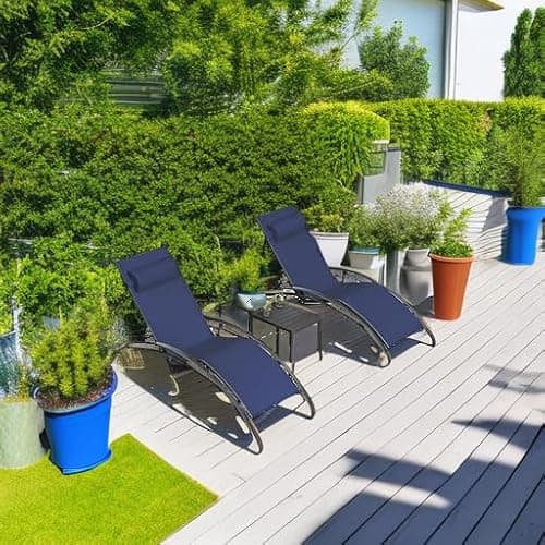 PURPLE LEAF Patio Chaise Lounge Set Outdoor Beach Pool Sunbathing Lawn Lounger Recliner Outside Tanning Chairs with Arm for All Weather Side Table Included Navy Blue 6