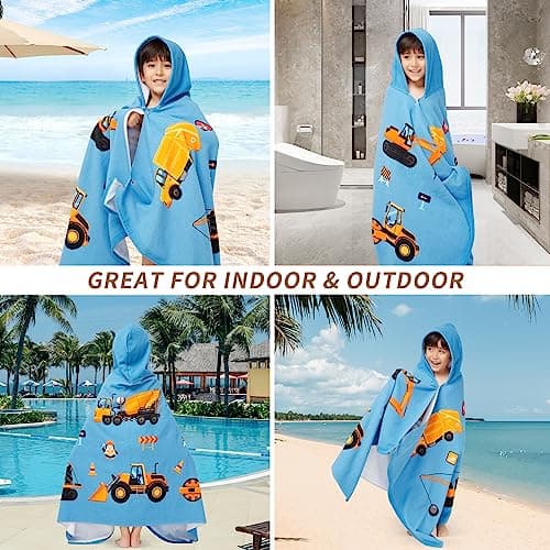 Gealaek Hooded Towel for Toddlers 5-12 Years Boys Girls Kids Bath Pool Beach Towel Wrap Extra Large Soft Absorbent Beach Poncho(Construction site XL) 6