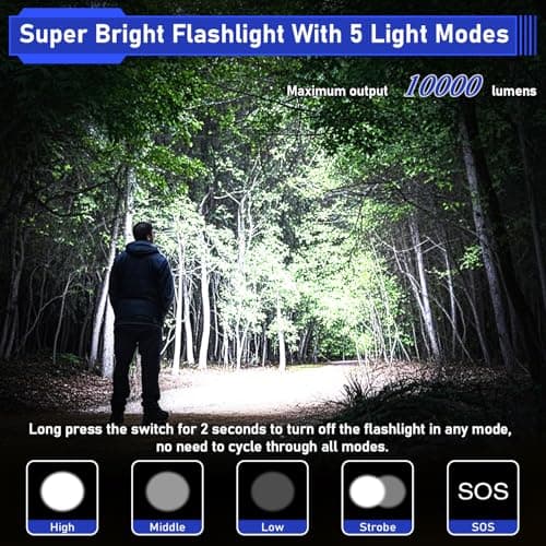 JAY-PARK High Lumen Flashlight - 100000 Lumens, Rechargeable 5000mAh with LCD Display, Zoomable Long Beam (3000m), IP67 Waterproof, 5 Modes & Belt Clip - for Camping, Dog Walking 8