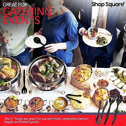 Disposable Plastic Serving Set - 18 Black Utensils, 6" Tongs, 10' Spoons, 10' Forks, Buffet & Party Use 6