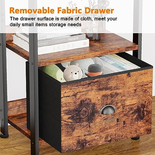 Furologee 5 Tier Bookshelf with Drawer, Tall Narrow Bookcase with Shelves, Wood and Metal Bookshelves Storage Organizer, Industrial Display Standing Shelf Unit for Bedroom, Living Room, Rustic Brown 5