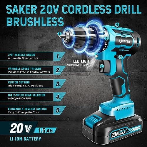 Saker Cordless Drill Set, Brushless 20V Electric Drill with Drill Bits, 3/8-Inch Keyless Chuck, 2 Variable Speeds, 430 In-lbs Torque Battery Power Screwdriver Driver for Plastic, Wood, Metal, Screws 7