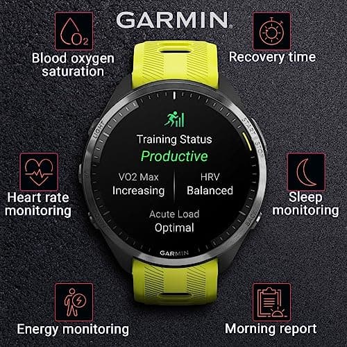 Wearable4U - Garmin Forerunner 965 Premium GPS Running and Triathlon 47 mm Smartwatch with AMOLED Touchscreen Display, Carbon Gray DLC Titanium Bezel and Yellow Silicone Band + Black Earbuds Bundle 5