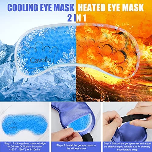 Cavoilu Cooling Sleep Mask w/Gel Eye Mask, Silk Eye Mask for Sleeping, Heated Eye Masks, Blindfold Eye Cover Sleeping Mask for Home Office Travel, Gifts for Men Women, Stocking Stuffers (Blue) 3