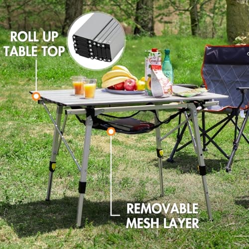PORTAL Outdoor Folding Portable Picnic Camping Table with Adjustable Height Aluminum Roll Up Table Top Mesh Layer, Silver 7