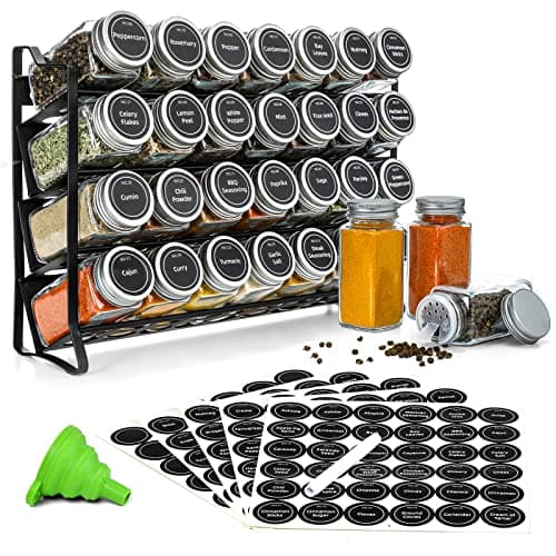 VITEVER Spice Rack with 28 Spice Jars, Organizer for Cabinet, Spice Jars with Labels, Chalk Marker and Funnel, 4 Tier, Countertop, Pantry, Cupboard, Door or Wall Mount, Black
