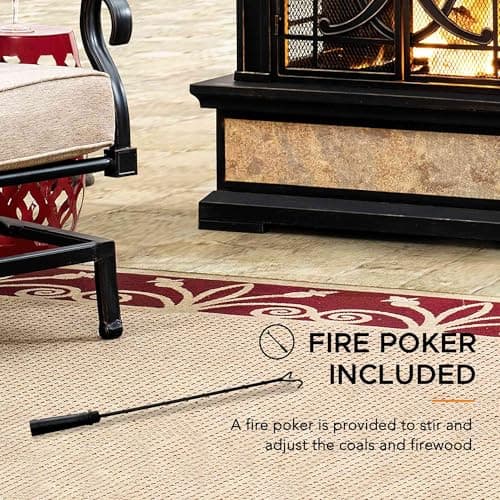 Sunjoy Outdoor Fireplace, Smith Collection Patio Wood Burning Steel Fireplace with Chimney, Spark Screen, Fire Poker, and Removable Grate, Copper with Yellow Tile 8