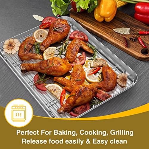 Wildone Baking Sheet with Rack Set (3 Pans + 3 Racks), Stainless Steel Baking Pan Cookie Sheet with Cooling Rack, Non Toxic & Heavy Duty & Easy Clean 6