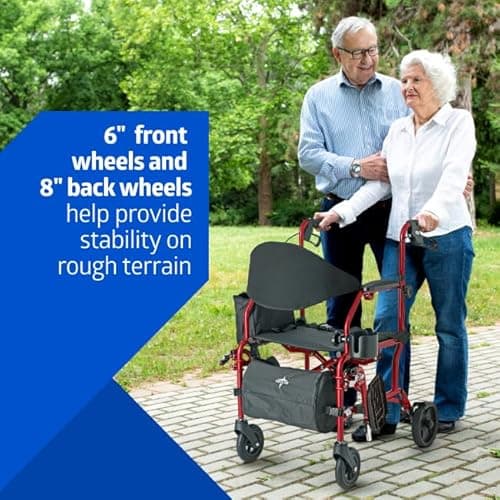 Medline Red Combination Rollator and Transport Chair, Desk-Length Arms, Swing Away Footrests, Red Frame 6