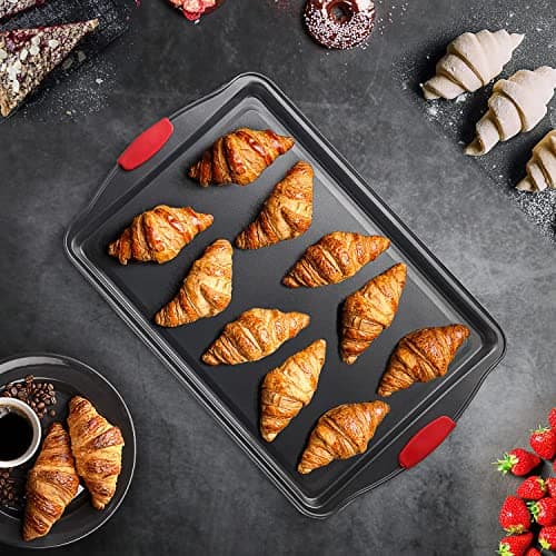 Baking Sheet Set, 2-Piece Large Cookie Sheet Set with Silicone Handles, Steel Baking Pan, Baking Sheets for Oven, BPA Free Nonstick Set, Half Sheet Pans, Black Baking Tray 8