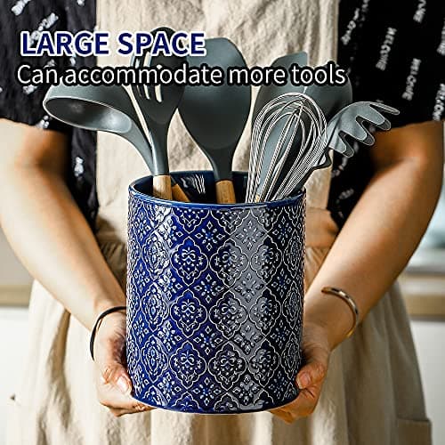 KOOV Kitchen Utensil Holder, Large Utensil Holders for Countertop, 6 x 7 Inches Ceramic Utensil Crock, Deep and Stable, Cooking Utensil Holder, Embossed Pattern (BLue) 5