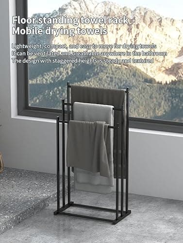 Modern 3-Tier Towel Rack, Black Iron, Freestanding Bathroom Organizer, Floor Standing Design, Indoor Outdoor Pool Towel Storage Stand 6