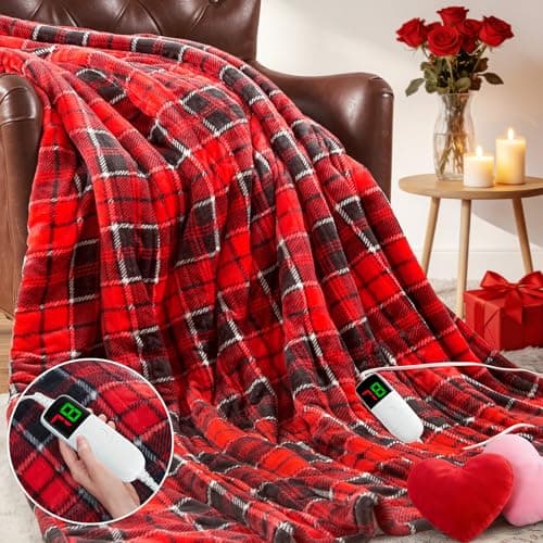 OCTROT Red Christmas Heated Blanket Electric Throw 50X60, Heating Throw Gift with 10 Heating Levels & 8 Hours Auto Off, Plaid Checkered Sherpa Blanket Warmer for Adults, Couch Bed Office Use