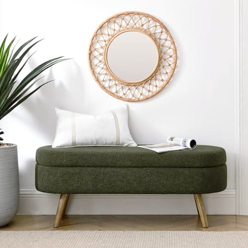 ECLYL Oval Storage Bench 43.5" Linen Fabric Upholstered Entryway Bench with Solid Wood Legs Ottoman Bench Indoor Bench for Living Room/Bedroom/End of Bed/Entryway (Dark Green)
