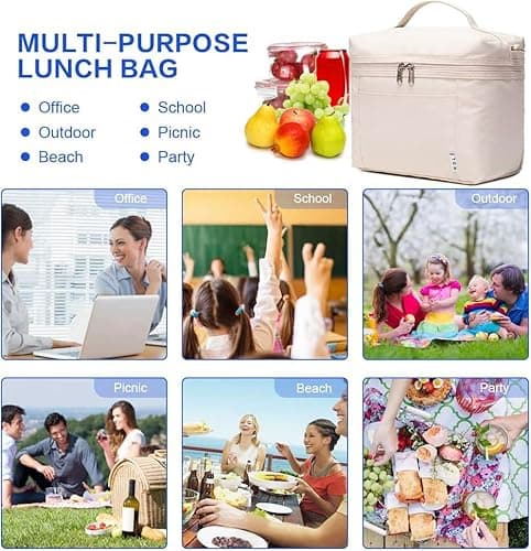 NOL Natural Organic Lifestyle Insulated Lunch Bags for Women Cooler Bag Lightweight Nylon Waterproof Lunch Box For Work（Medium, Cream 9