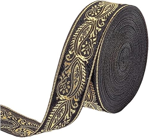 FINGERINSPIRE 11 Yard Black Vintage Jacquard Ribbon Ethnic Style Floral Woven Trim 1 inch Jacquard Gold Vine on Ribbon Trim for DIY Sewing Crafting Home Decor, Gift Wrapping hat Bands