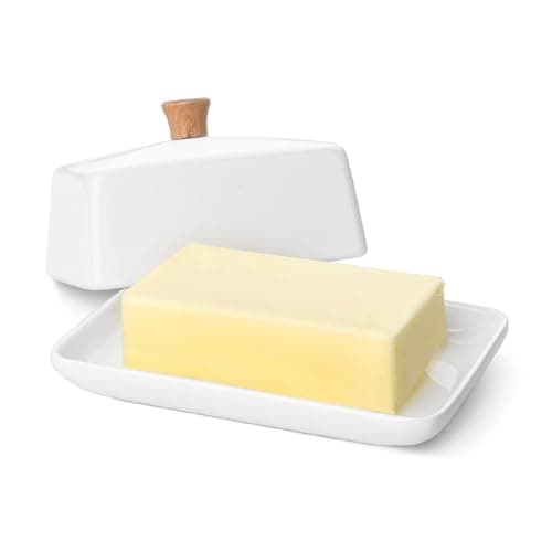 Flexzion Ceramic White European Butter Dish with Lid for Countertop (Large) - Wide 2 Stick Double Butter Holder for Counter, Cream Cheese Container Storage Keeper
