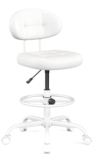 Misolant Drafting Chair, Armless Tall Office Chair with Footrest Ring for Standing Desk, Small Faux Leather Executive Computer Chair with Adjustable Height for Bar Lab Counter Height Desk, White