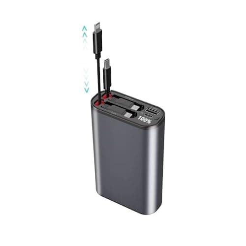 Gwydre 4 in 1 Retractable Power Bank,10000mAh Portable Charger with Built in Retractable USB-C and Lightning Cables for Travel,Compatible with iPhone, MacBook, Galaxy and More(Slive Grey), PT-26