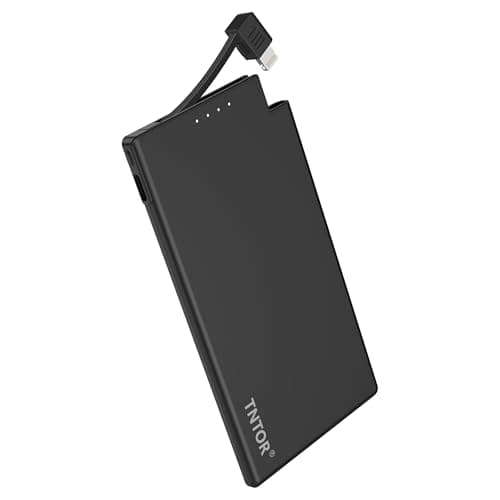 TNTOR Slim Portable Charger with Built in iOS Lightning Cable, 5000mAh Ultra Thin Lightweight Power Bank - Travel Essentials - Compatible with iPhone 14/13/12/11/X/8 Older Series