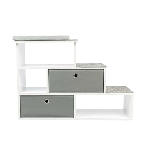 PetFusion Pet Step Window Perch Bookshelf w/ Storage Baskets 28” Tall Dog and Cat Perch, 8” Stair Height Multi-Functional Modern Furniture w/ Carpeted Step Pads & 1” Thick Premium Foam Pad