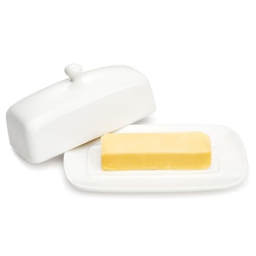 Sweese Butter Dish with Lid, Porcelain Butter Keeper, 7.8 Inch Butter Holder with Handle Cover, Butter Container Perfect for East West Coast Butter, White