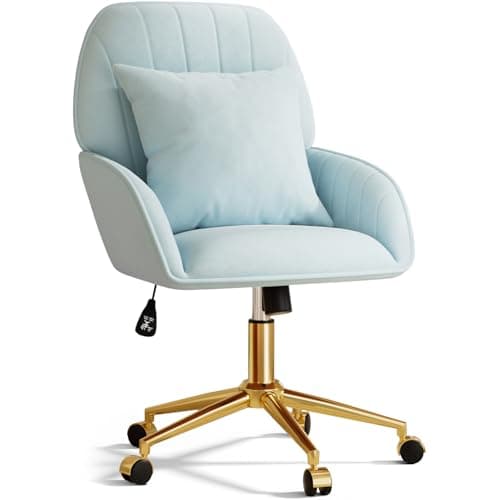 Home Office Desk Chair Comfy with Adjustable Swivel Wheels, Modern Velvet Makeup Vanity Chair with Back & Pillow, Ergonomic Office Chair Computer Task Chair for Living Room, Bedroom, Blue
