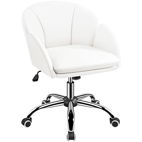 Yaheetech White Desk Chair Vanity Chair with Back Modern Faux Leather Swivel Rolling Office Computer Armchair for Living Room, Bedroom