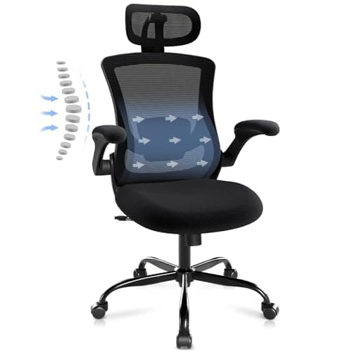 Ergonomic Office Chair with Adjustable Lumbar Support & Headrest – High Back Mesh Desk Chair with Flip-Up Armrests, Swivel Rolling Computer Chair for Home Office, Breathable & BIFMA Certified, Black