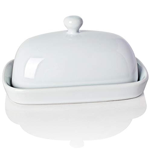 Sweejar Ceramic Butter Dish with Lid for Countertop,Porcelain Butter Keeper with Knob Handle,Butter Container for East/West Coast Butter, 7.1*3.7 inches (White)