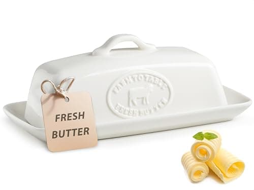 YHOJOY Cow Butter Dish, Ceramic Butter Dish with Lid for Countertop, White Butter Tray with Handle, Farmhouse Covered Butter Holder Container for East West Coast Butter Storage