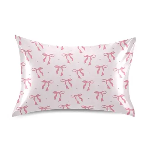 Blueangle Ribbon Bow Satin Pillowcase for Hair and Skin Silk Pillowcase, Queen Size(20x30 inches) - Satin Pillow Covers with Envelope Closure