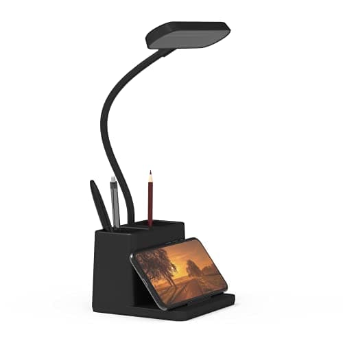 AXX Black LED Desk Lamp for Home Office Bedroom, Battery Operated Table Light for Computer Desktop, Small, Cute, Dimmable, Rechargeable, Flexible Gooseneck, Pen Holder, Phone Mount, Touch Control
