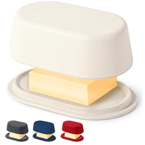 Eco Modern Bamboo Fiber Butter Dish with Lid For Countertop – White Butter Crock Holder – Small Tray Fits Kerrygold, European Style Sticks - Dishwasher Safe Kitchen Storage Container Keeper