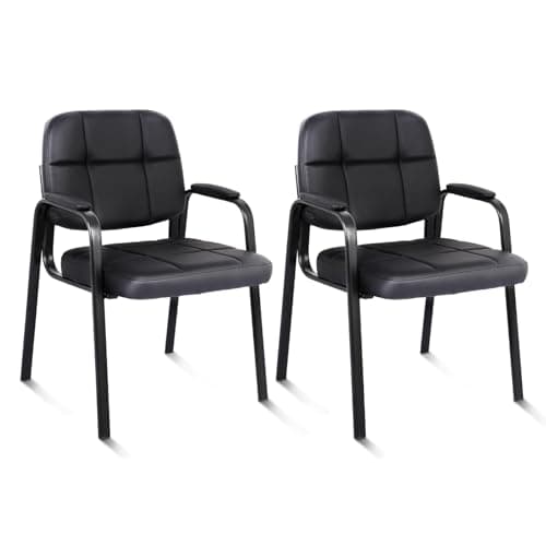 CLATINA Contemporary Leather Chair, Set of 2 - Black, Reception, Office, Guest, Waiting Room, No Wheels, Padded Arms, 275 lbs Capacity