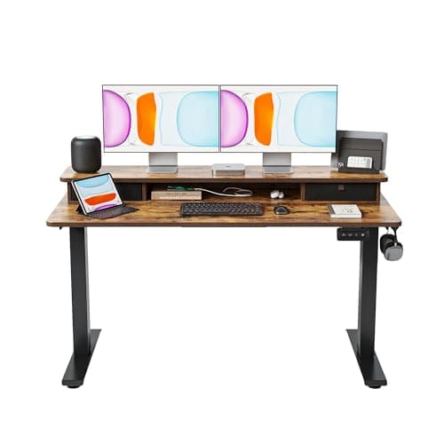 BANTI 55x24 Inch Electric Standing Desk with Double Drawers, Adjustable Height Stand Up Desk, Sit Stand Home Office Desk with Storage Shelf, Vintage Brown Top