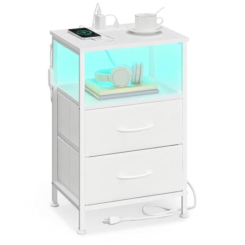 SONGMICS BELLAH Collection - Nightstand with Charging Station and App-Controlled Adjustable LED Lights, Bed Side Table, 2 Drawer and 1 Open Shelf, Bedroom, Cloud White and Snow White ULGS302WH01S