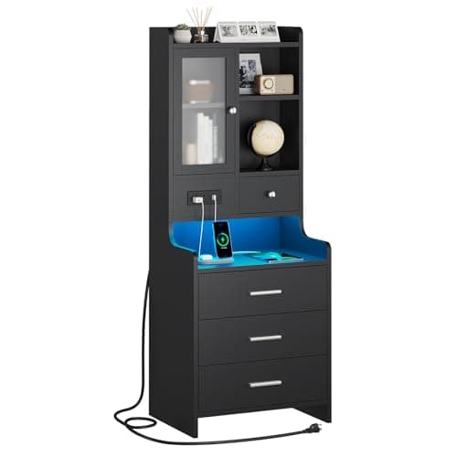 ADORNEVE Tall Night Stand with Charging Station and LED Lights,49.2" Nightstand with Bookshelf, Black Bedside Table with Drawers,End Side Table for Bedrooms