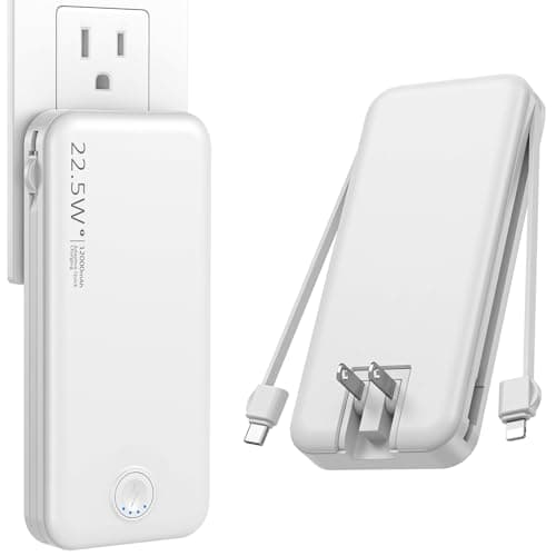 Nusyddy Portable Charger, 12000mAh 22.5W Fast Charging Power Bank with Built-in Cables & Wall Plug, Travel Essentials External Battery Pack, USB C Battery Phone Charger for iPhone, iPad, Samsung White