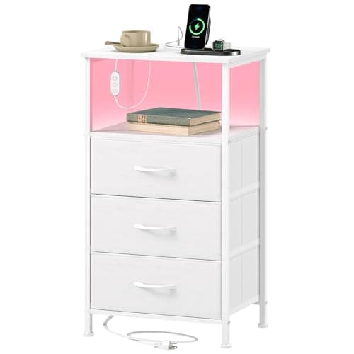 Somdot White Nightstand with Charging Station and LED Light for Bedroom, Tall 3 Drawers Dresser with Fabric Bins for Bedside Kids Dorm Room Closet Laundry Entryway, White Leather