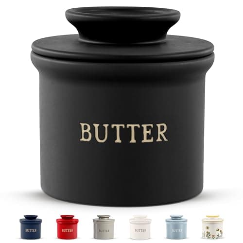 Kook Butter Crock with Lid, Soft Spreadable Butter, Ceramic French Butter Keeper to Leave On Counter with Water Line, Butter Dish, Home and Kitchen Decor, Perfect for Christmas Gift (Black)