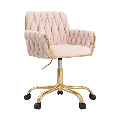 Gentlemoods Velvet Home Office Chair, Modern Height Adjustable Cute Vanity Chair, 360° Swivel Makeup Chair with Golden Base and Hand Woven Backrest for for Bedroom/Study/Vanity(Light Pink)